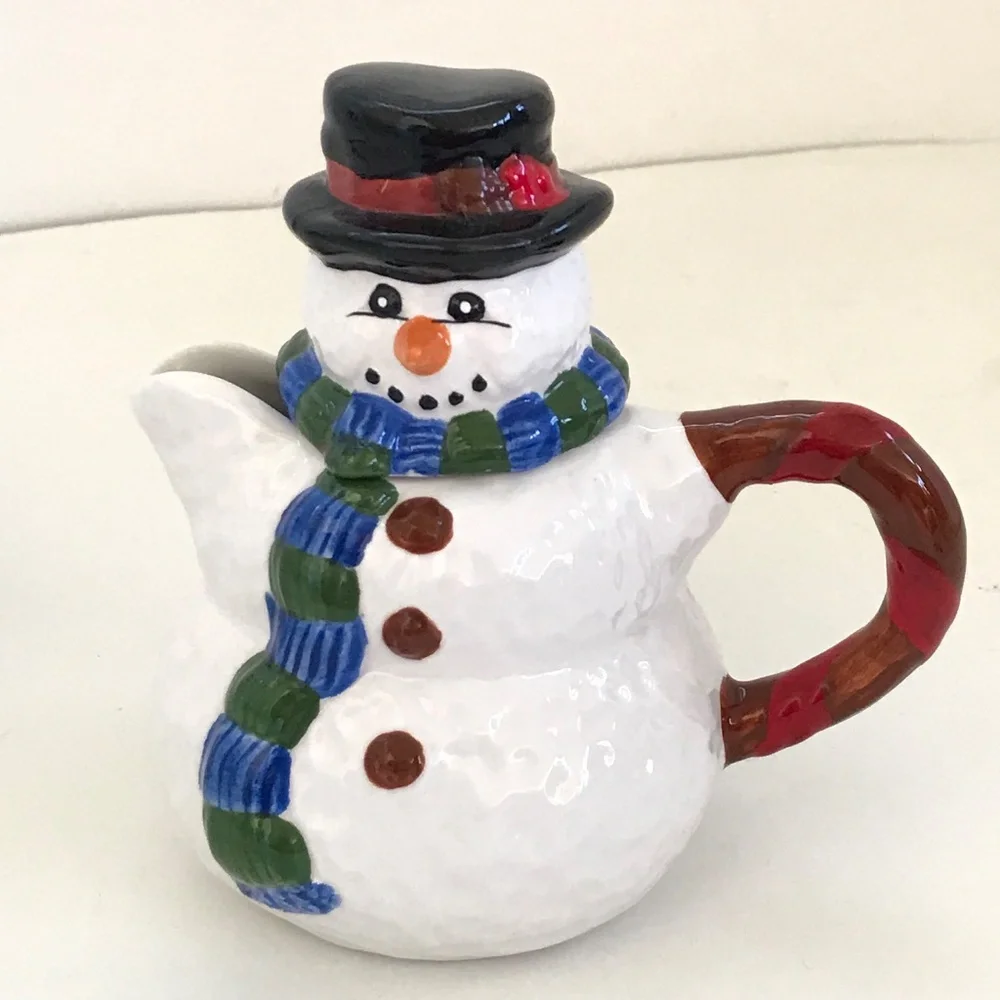 4 Piece Set Sugar Creamer Salt Pepper Holiday Winter Snowman Ceramic